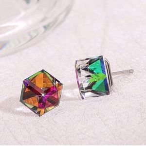 Cube Austrian Crystal Drop Stud Earrings S925 Sterling Silver Hypoallergenic